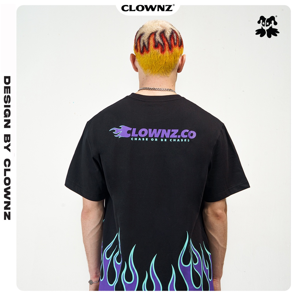 Áo thun tay lỡ local brand Clownz Racing Flames họa tiết lửa unisex, form rộng, chất cotton