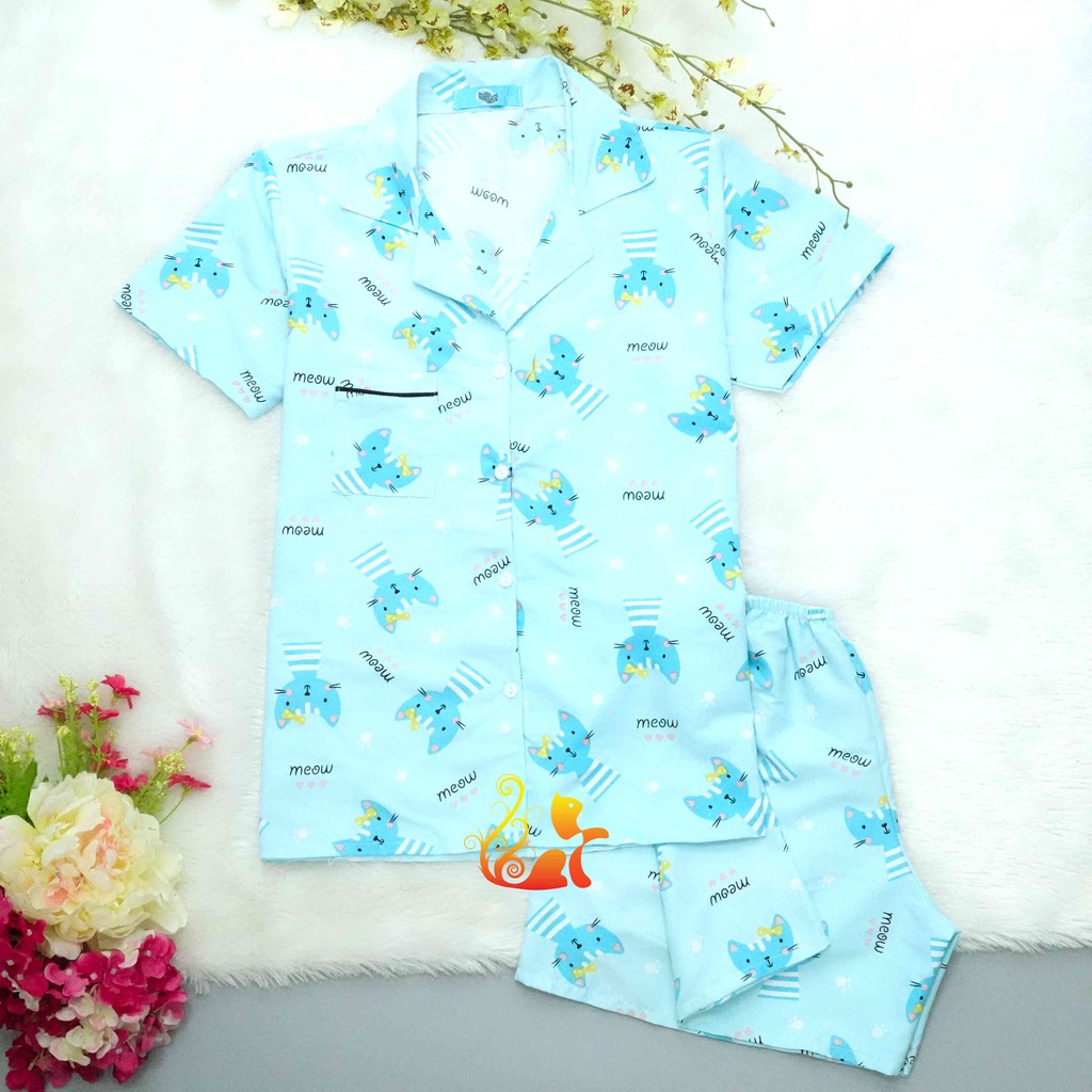 Đồ Bộ Mặc Nhà "Mèo nơ xanh" Pijama Kate Thái - Dưới 60kg.