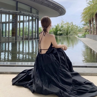 Đầm maxi hở lưng phối dây sexy dáng xoè đi biển
