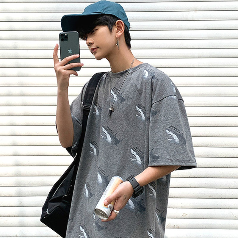 Unisex Shark Print Tshirt Men's Fashion Sports Short-sleeved T-shirts Summer Personality Oversized Tops T Shirt for Men Korean Style Loose Tee Clothing