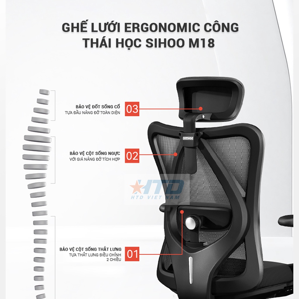 SIHOO M18 - ghế công thái học Egronomic, ghế văn phòng bảo vệ cột sống | HTDVN