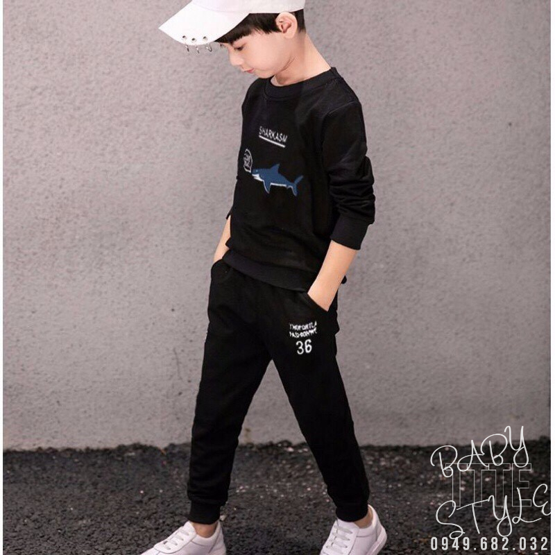 Bộ quần áo thu đông &quot;S.H.A.R.K&quot; 14-48kg cho bé trai từ 4-14 tuổi. Thiết kế đẹp. Hàng may kỹ.