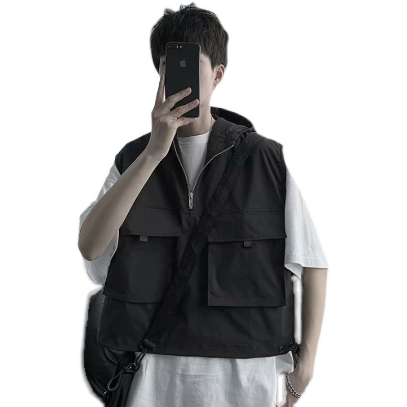 Áo Khoác Đen Không Tay Có Mũ Trùm Đầu Phối Nhiều Túi Phong Cách Đường Phố Cho Nam Và Nữ