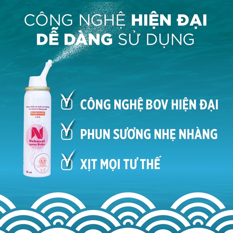 Dung dịch xịt mũi ưu trương cho trẻ từ 3 tháng tuổi Nebusal spray baby 1.9% chai 50ml làm sạch mũi trường hợp ngat mũi