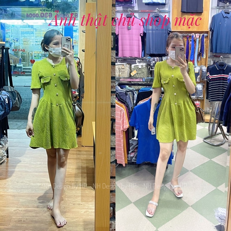 Váy xốp cổ tròn nắp túi đính khuy , Váy xốp xoè xếp ly siêu xinh