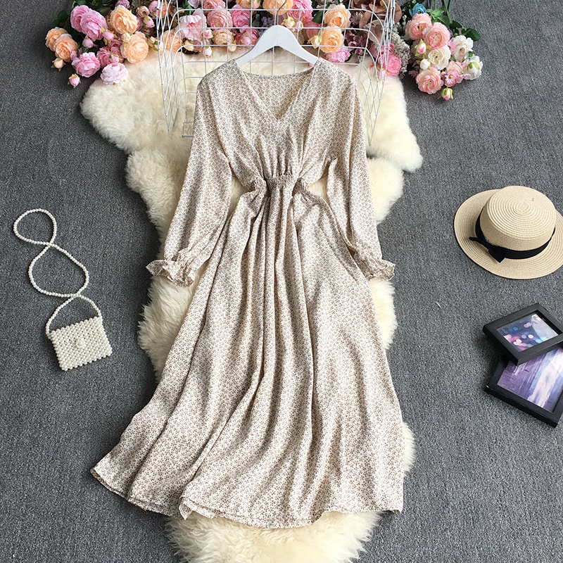 Đầm Voan Hoa Dài Tay Loe Cổ Chữ V Nhấn Eo Phong Cách Retro Pháp Thanh Lịch