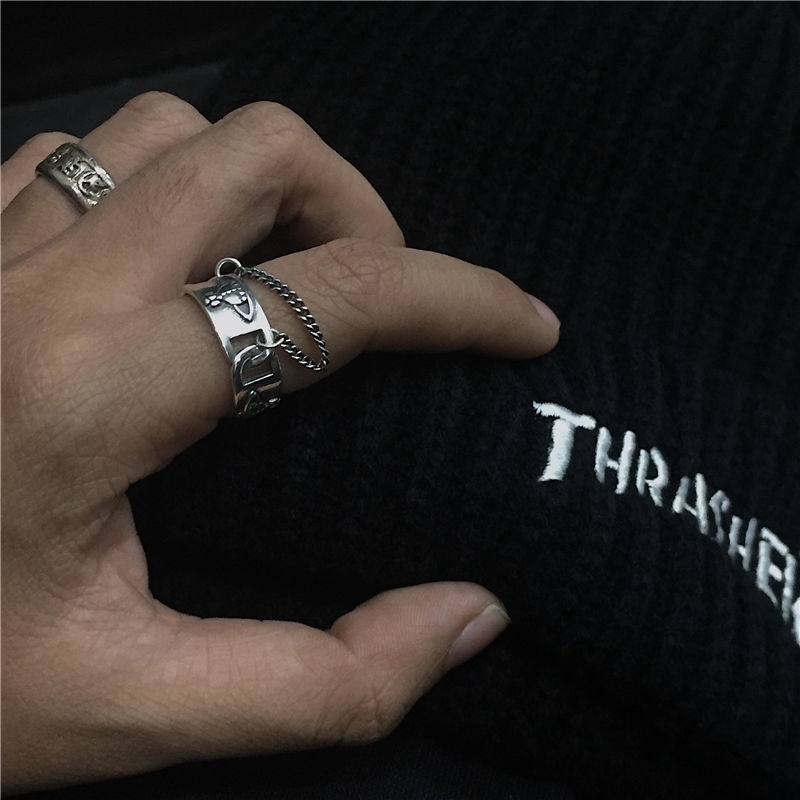 Nhẫn thép titan phối dây xích phong cách retro harajuku cá tính cho nam nữ 2210024