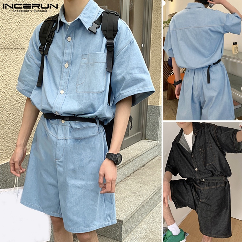 Jumpsuit denim INCERUN ngắn tay phối nút thời trang mùa hè cho nam