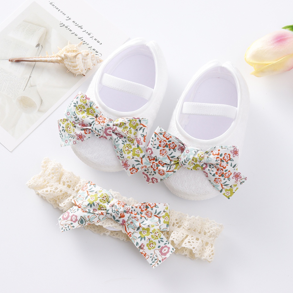 Set băng đô và giày tập đi đế mềm chống trượt đính nơ cho bé gái 0-18 tháng tuổi