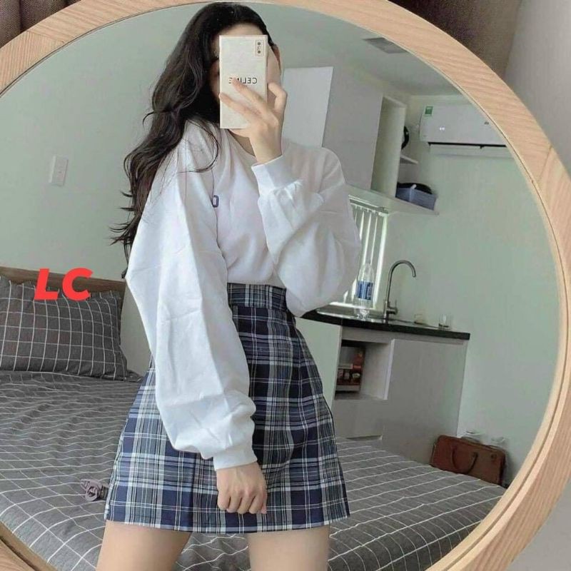 Set Áo Dài Tay Trắng Mix Chân a Váy Kẻ 💖FREESHIP💖Set In Chữ CAUTIO Mix Chân Váy Kẻ Caro Xanh | BigBuy360 - bigbuy360.vn