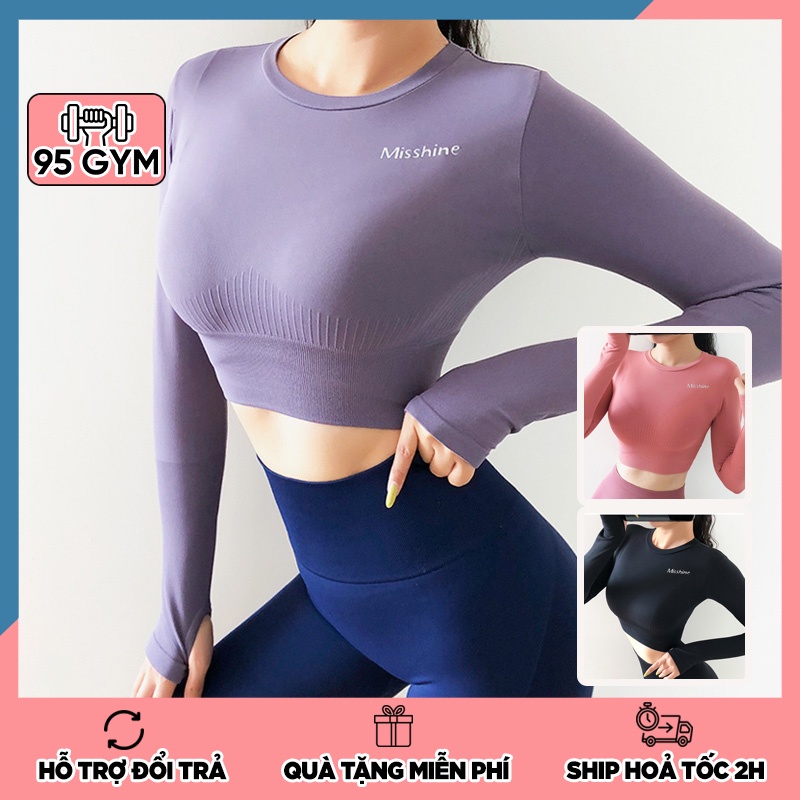 Áo tập gym yoga nữ dài tay AD03 dáng áo croptop thể thao ôm dáng chất dệt co giãn tốt thoáng mát