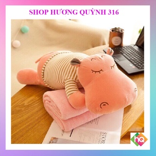 (HQ)Bộ chăn gối gấu bông Hà Mã, chăn gối ngủ văn phòng hà mã 2in1 ( gối_chăn)