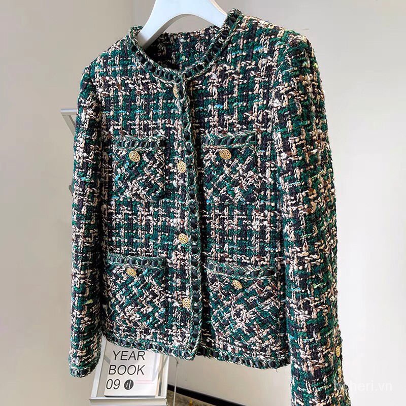 áo khoác dạ tweed nữ thu đông 2021 Năm Retro dáng ngắn xanh
