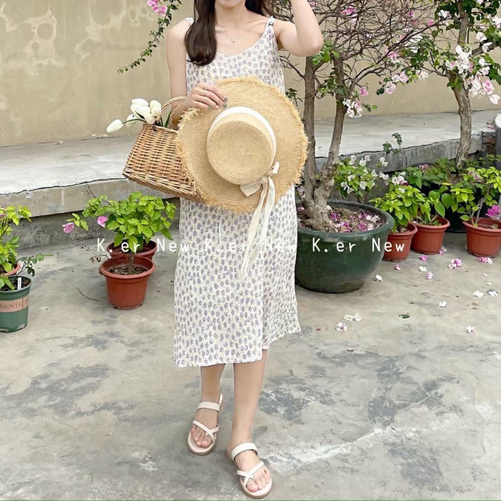 Váy hoa nhí hai dây maxi dáng dài điệu đà vintage gợi cảm style Hàn Quốc