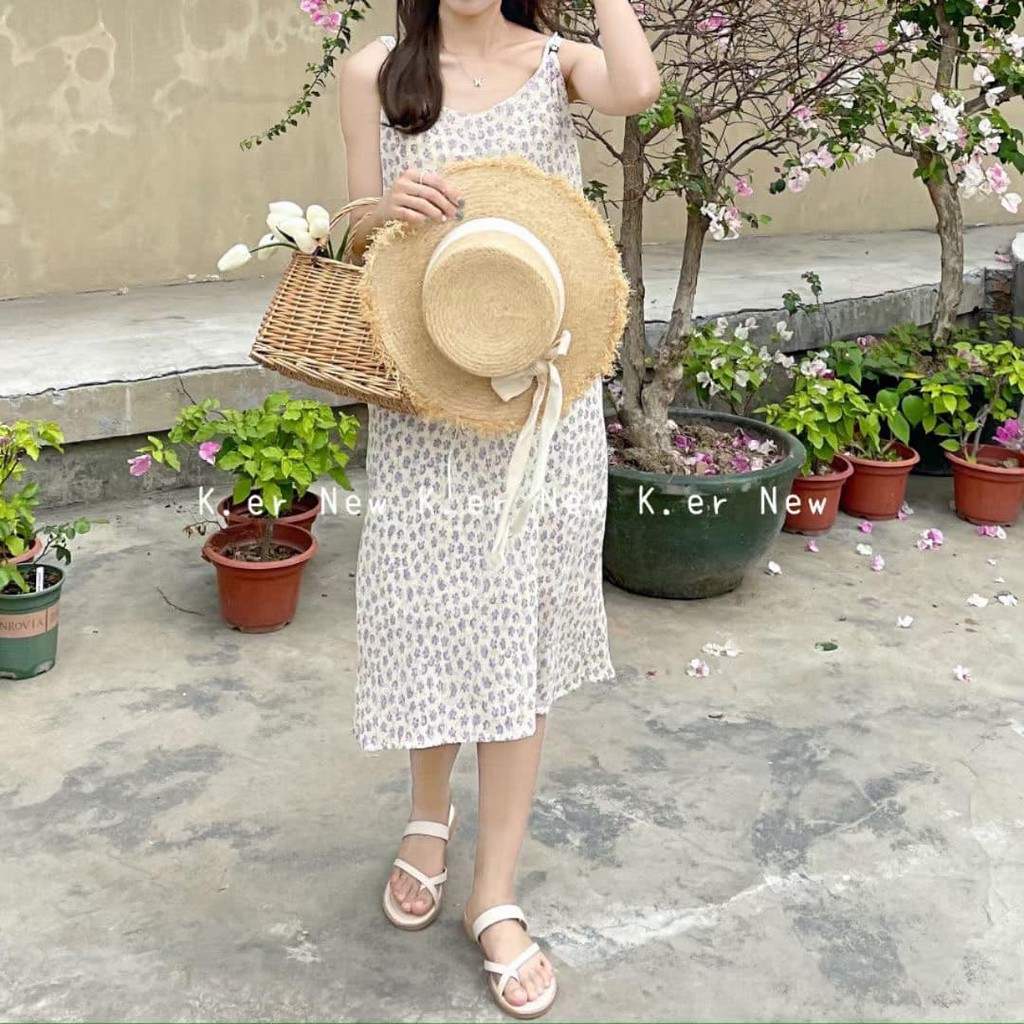 Váy hoa nhí hai dây maxi dáng dài điệu đà vintage gợi cảm style Hàn Quốc - Xưởng May Hạnh Hồng