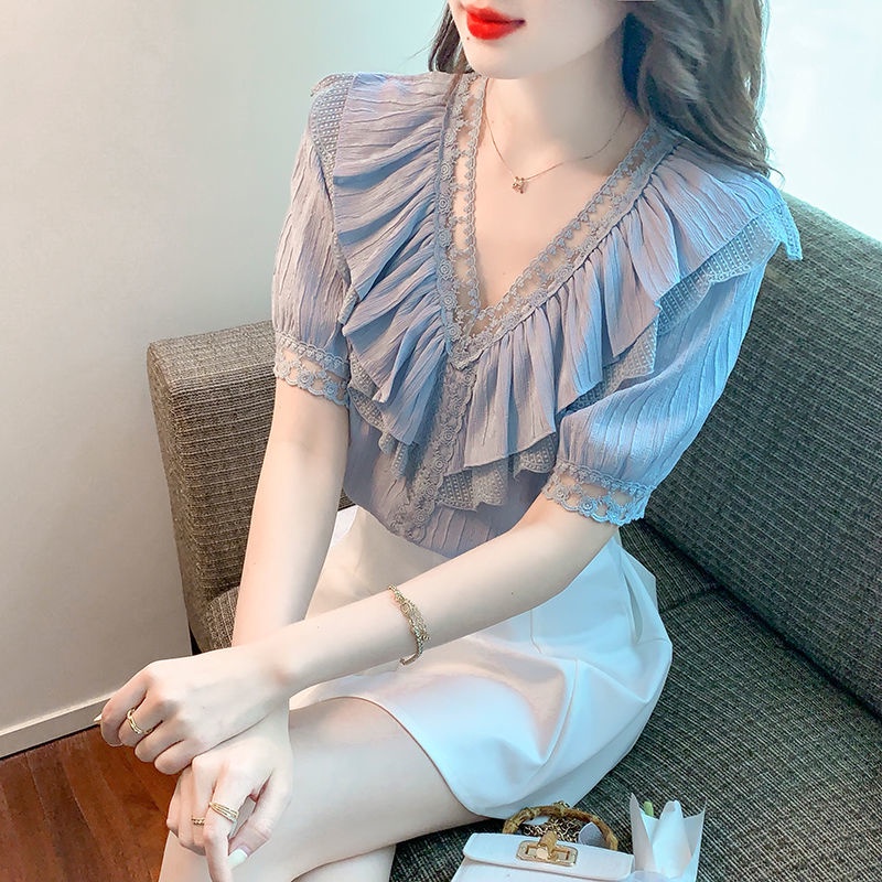 Áo Sơ Mi Ngắn Tay Cổ Chữ v Phối Ren Xinh Xắn Thời Trang 164158 Áo Sơ Mi Phối Bèo Dáng Ôm Phong Cách Hàn Quốc Dễ Phối Đồ Thời Trang