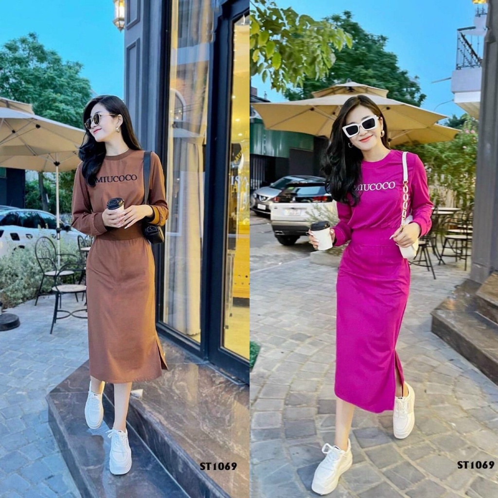 COMBO SET BỘ THỜI TRANG KẾT HỢP ÁO DÀI TAY CHỮ IN NHIỆT & CHÂN VÁY