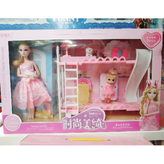 [XC9099] Bộ đồ chơi Búp bê Barbie giường 2 tầng có cầu trượt