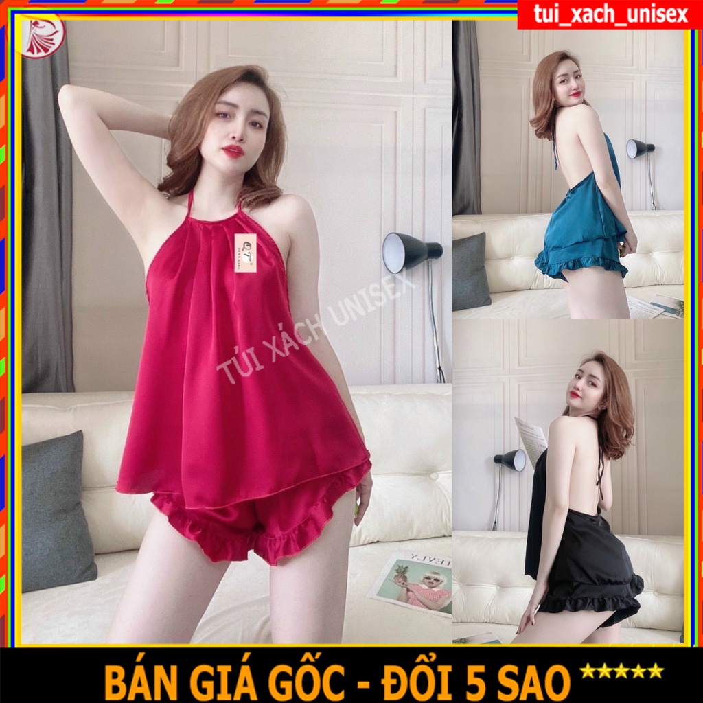 ❤️ VẢI XỊN ❤️ set đồ bộ ngủ lụa satin đùi sexy hai dây trơn siêu hot, nguyên quần lưng thun và áo yếm hở lưng M22