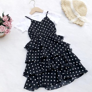 VÁY CHẤM BI TẦNG TẶNG KÈM ÁO CHO BÉ