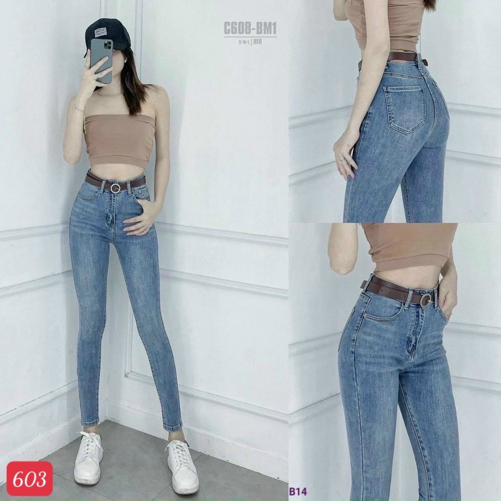 Quần jean nữ lưng cao màu xanh trơn chất bò co giãn skinny ôm dáng siêu xinh mịn sịn A-T Fashion - MQ603