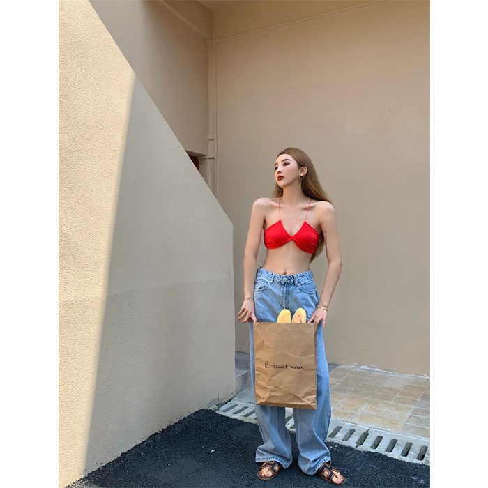 QADCOL  Áo Hai Dây Cổ Thấp Quyến Rũ Thời Trang Phong Cách Hàn Quốc Cho Nữ