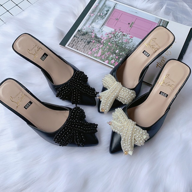 [Bán lẻ giá sỉ] Guốc Sục nữ gót nhọn 5p da lì chùm ngọc hot cực chảnh