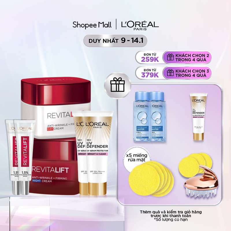 Bộ kem dưỡng chống lão hoá &amp; 2 serum siêu cấp ẩm &amp; 2 kem chống nắng L'Oreal Paris