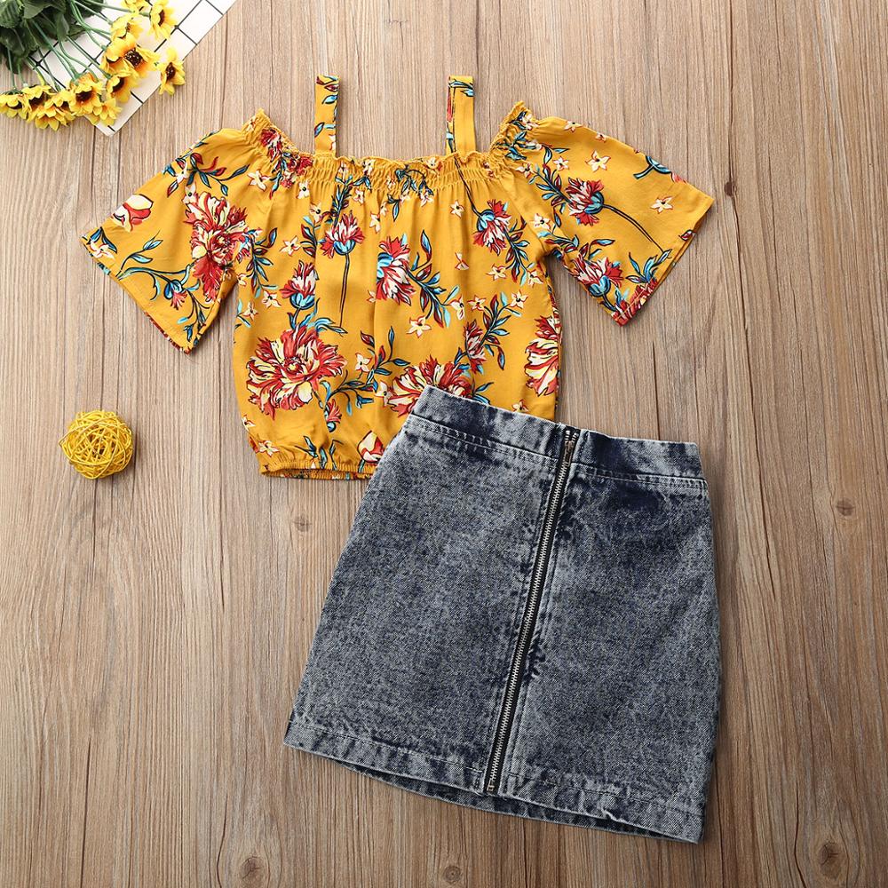 Bộ Váy Gồm Áo Crop Top Trễ Vai Họa Tiết Hoa + Váy Denim Dành Cho Bé Gái 2-6 Tuổi