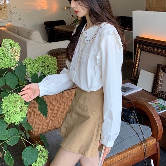 ZHELIHANGFEI Áo Sơ Mi Tay Phồng Cổ Búp Bê Thêu Họa Tiết Phong Cách Preppy Nhật Bản Dễ Phối Đồ