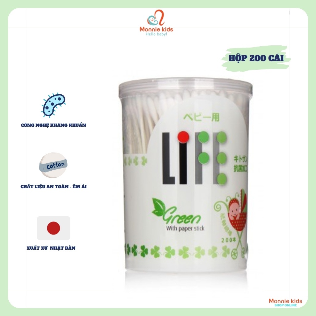 Tăm bông cho bé sơ sinh Life hộp 200c, tăm bông trẻ em thân giấy cao cấp - Monnie Kids