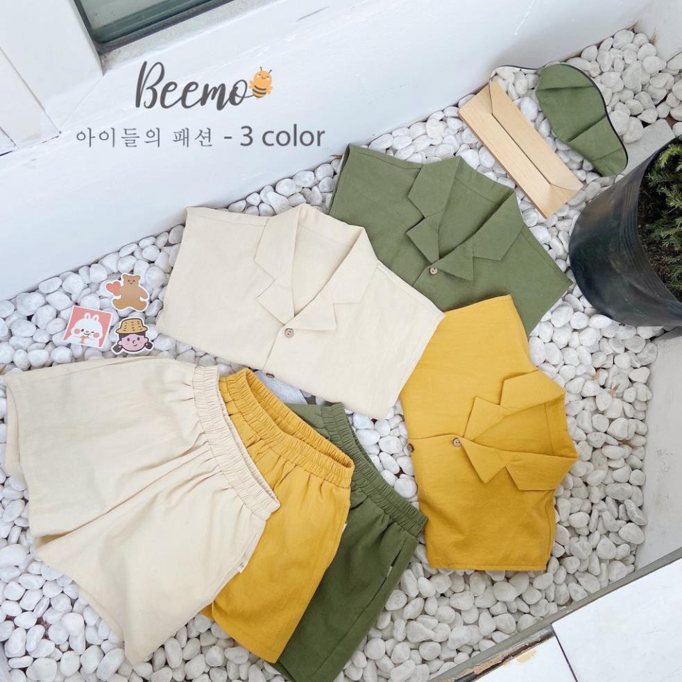 Bộ áo sơ mi kiểu cổ vest mix quần đùi  BEE phong cách Hàn Quốc cho bé trai bé gái chất liệu thô mềm -  SBU001 BEE KIDS