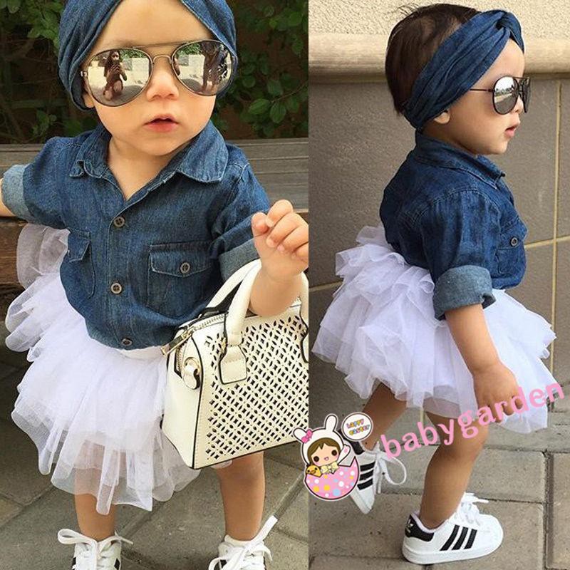 ღ♛ღCasual Kids Baby Girls Denim Tops Shirt+Tutu Skirts Cake Dress 3pcs Outfits Set