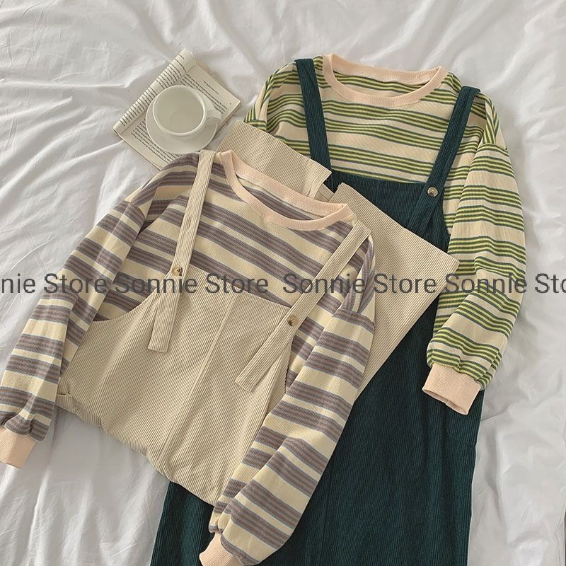 Set áo Len sweater chất dày dặn + váy yếm nhung tăm dáng suông phong cách Hàn Quốc