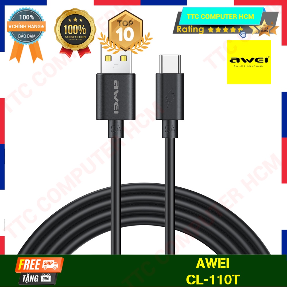 AWEI CL-110T | Cáp sạc AWEI CL-110T hỗ trợ sạc nhanh Type C 5A - HÀNG CHÍNH HÃNG TTC COMPUTER HCM