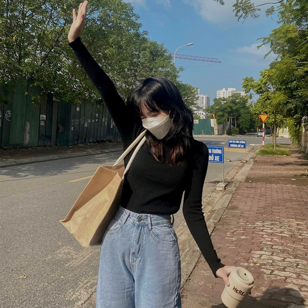 [Ảnh thật/Video] Áo len tăm dài tay cổ lọ Ulzzang - Hàng QC