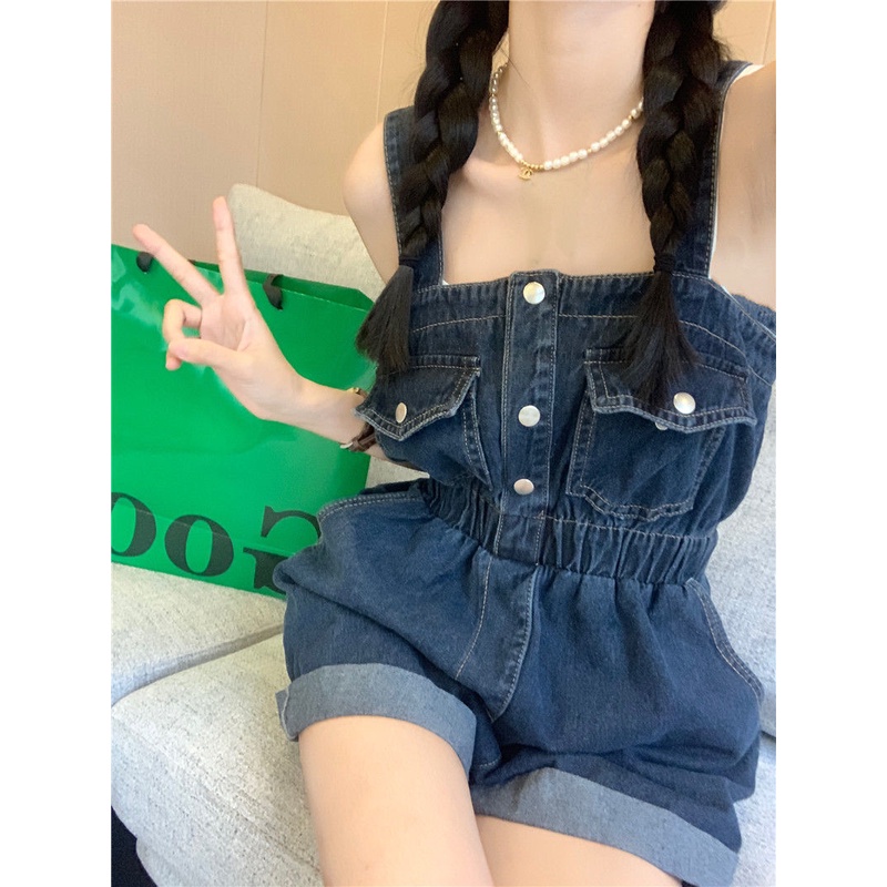 Quần Yếm Denim Ngắn Phong Cách Retro Thời Trang Mới Cho Nữ