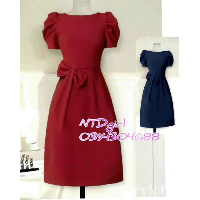 Thiết kế - Đầm dáng xòe cổ thuyền tay búp, váy công sở đính nơ eo xinh xắn