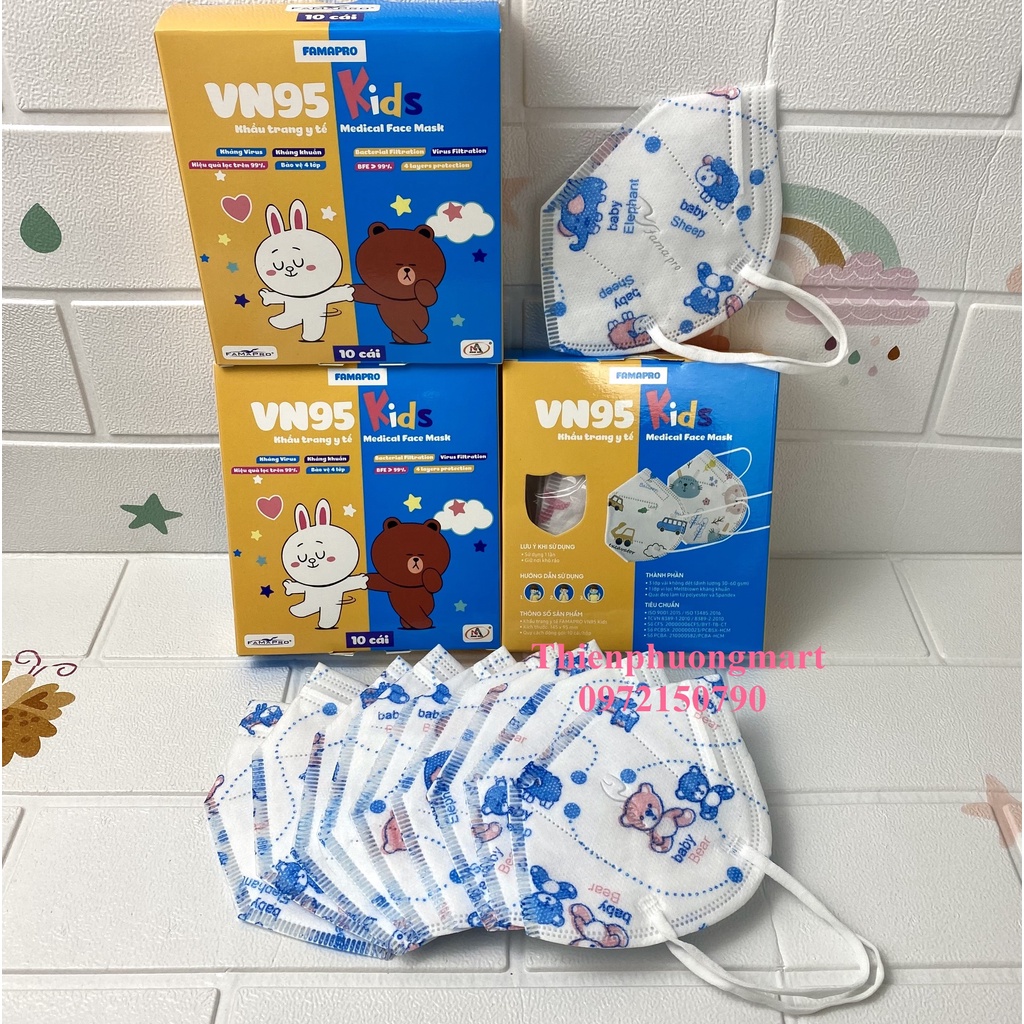 Khẩu trang FAMAPRO VN95 KIDS trẻ em in hình 4 lớp kháng khuẩn 10 cái / hộp