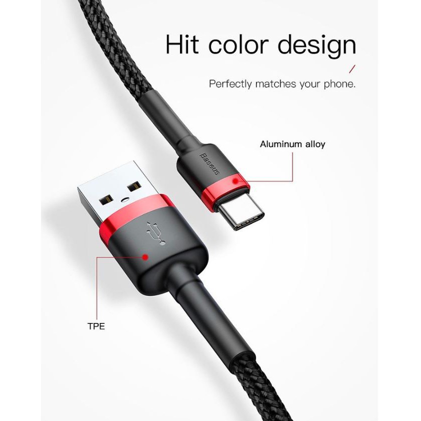 Cáp Sạc Nhanh Baseus Cafule Type-C Cho Samsung S8/S9/ Note8/ Note9/ Xiaomi/ Huawei/ Oppo/Nokia - Chính Hãng