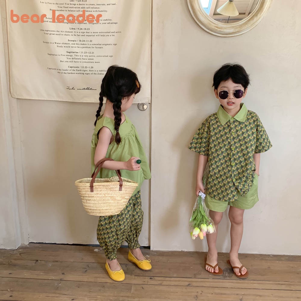 Set trang phục 2 món BEAR LEADER AH9842/ AH9843 in họa tiết xanh lá cây thời trang Hàn Quốc mùa hè cho bé trai/ bé gái