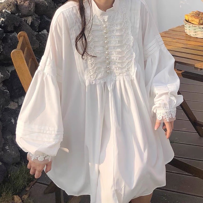 Áo baby doll cổ ren cúc ngọc phong cách Pháp