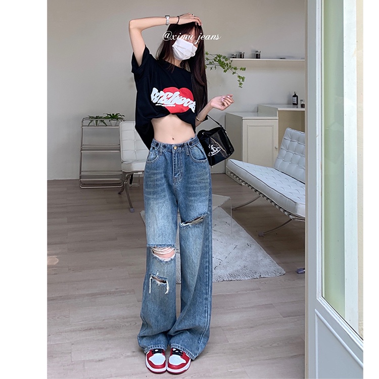 HUANG YOYO Quần Jeans Nữ Lưng Cao Ống Rộng Rách Gối Thời Trang Hàn Quốc