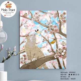 Tranh sơn dầu số hoá tự tô màu Mèo và bướm trên cây đào