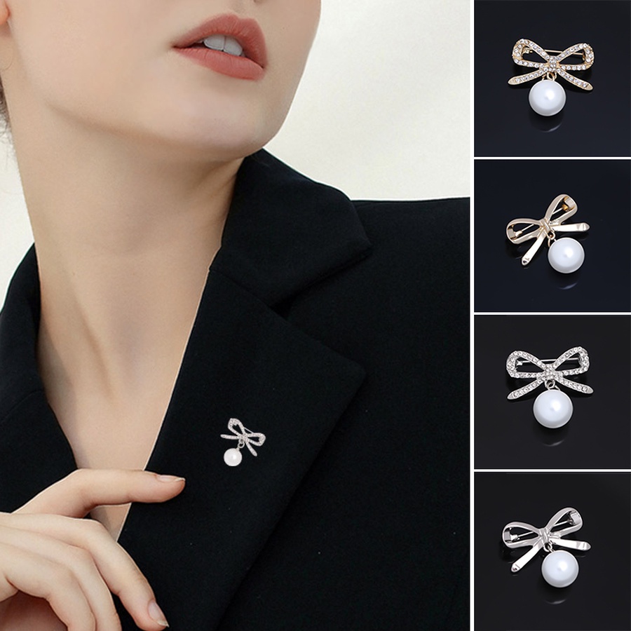 Ghim Cài Áo Hình Nơ Đính Ngọc Trai Nhân Tạo Thời Trang