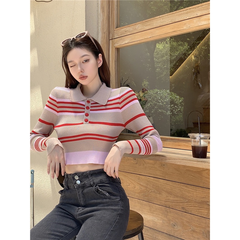 【ZHELIHANGFEI】Áo dệt kim dệt kim dệt kim POLO cổ dài tên gió cao gợi cảm