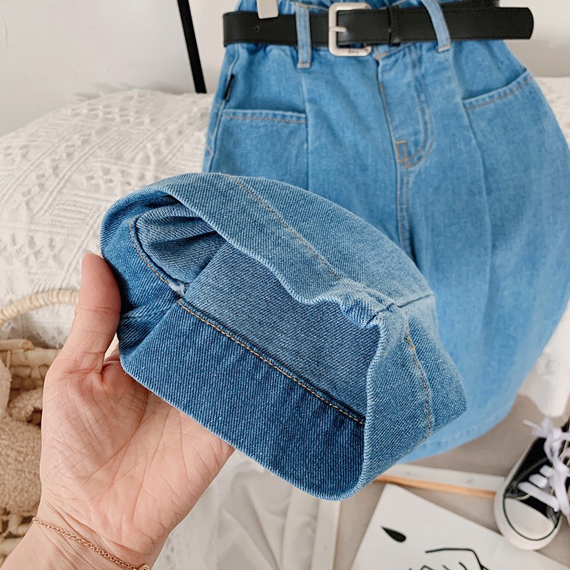 Quần jean ống rộng có thắt lưng phong cách Hàn Quốc thời trang mùa thu sành điệu cho nữ
