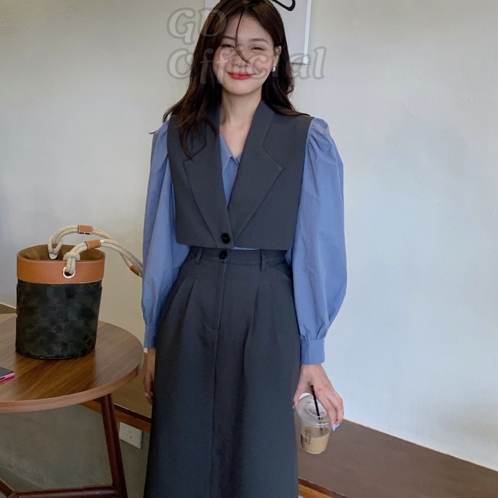 B19|Set bộ blazer nữ áo gile khoác croptop, váy bút chì dài rộng xẻ tà gd_order