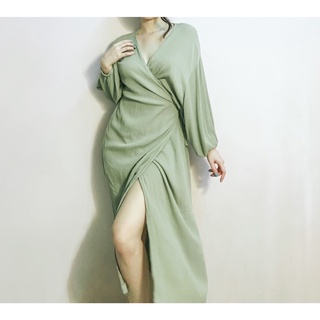 Đầm midi đũi đắp chéo cột dây eo