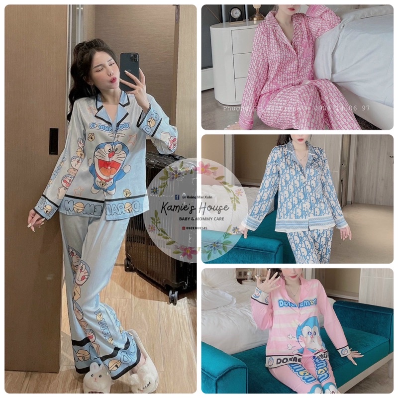 Đồ bộ mặc nhà nữ pijama lụa xước tay dài quần dài freesize 40-60kg - hàng loại 1 may đẹp